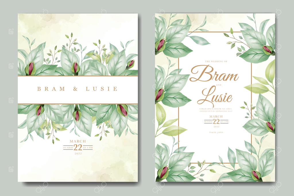 کارت دعوت عروسی با طرح گل‌ها و برگ‌های آبرنگی