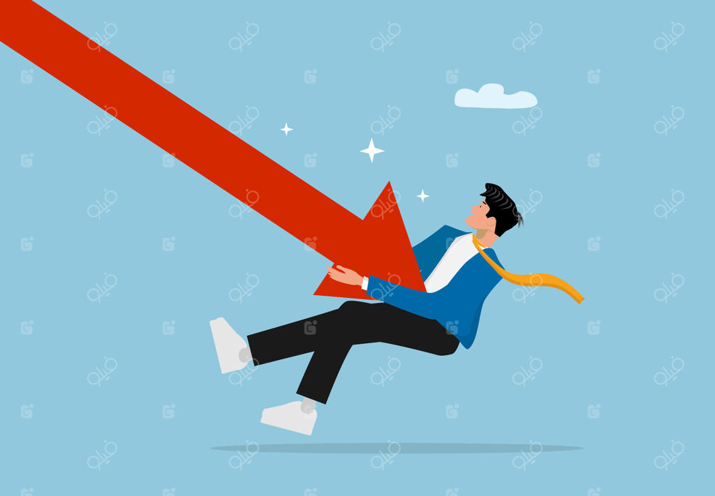 تاجر در حال سقوط با نماد فلش قرمز نشان‌دهنده بحران مالی