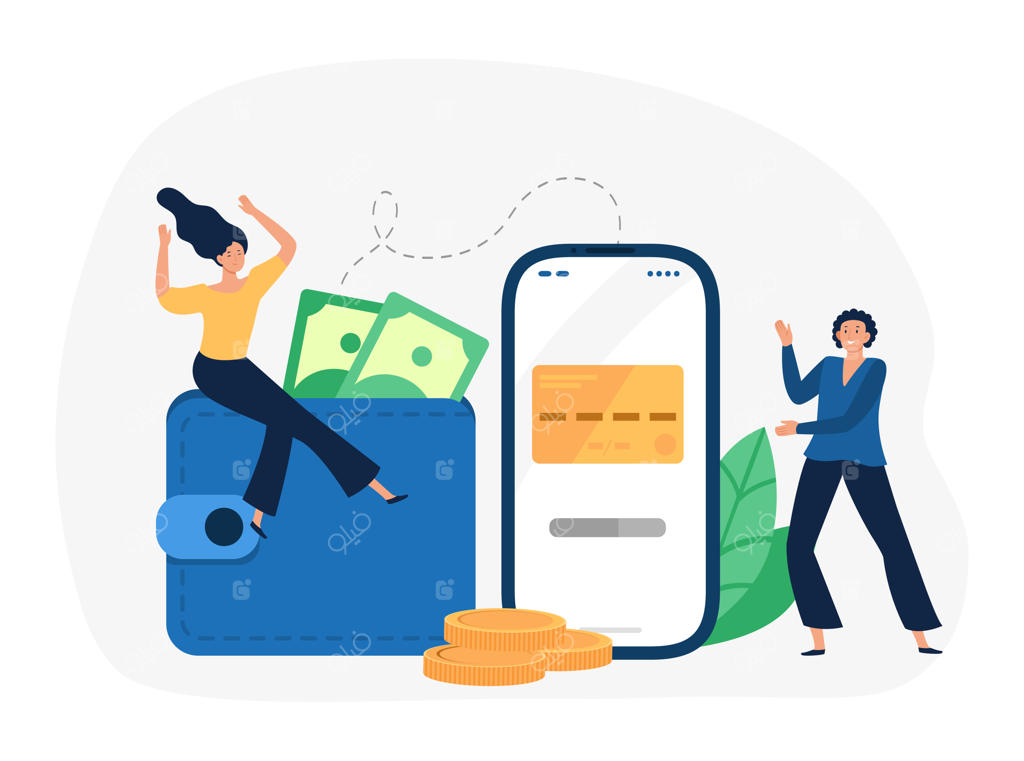 پرداخت آنلاین: کارتون زن کوچکی که روی کیف پول نشسته و پول را به کارت اعتباری در تلفن هوشمند منتقل می‌کند