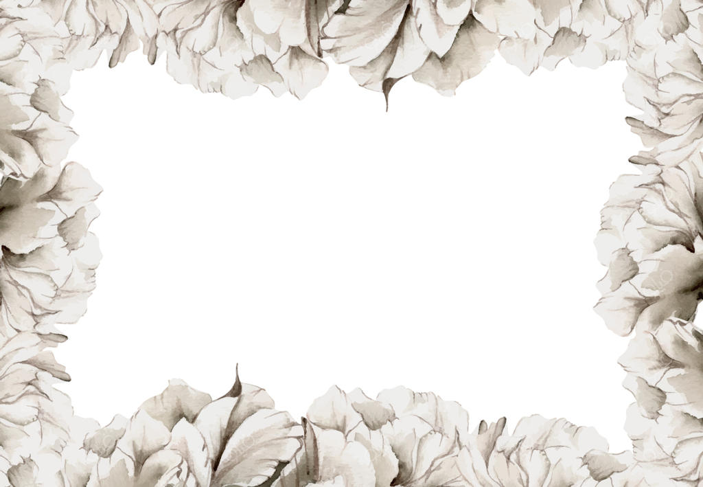 گل‌های صدتومانی، لاله و رز با آبرنگ دستی و به صورت تک‌رنگ، غنچه‌ها و برگ‌ها. قاب حاشیه‌ای روی پس‌زمینه سفید. دعوت‌نامه‌ها، کارت‌های عروسی یا تبریک، فروشگاه‌های گل، چاپ، پارچه