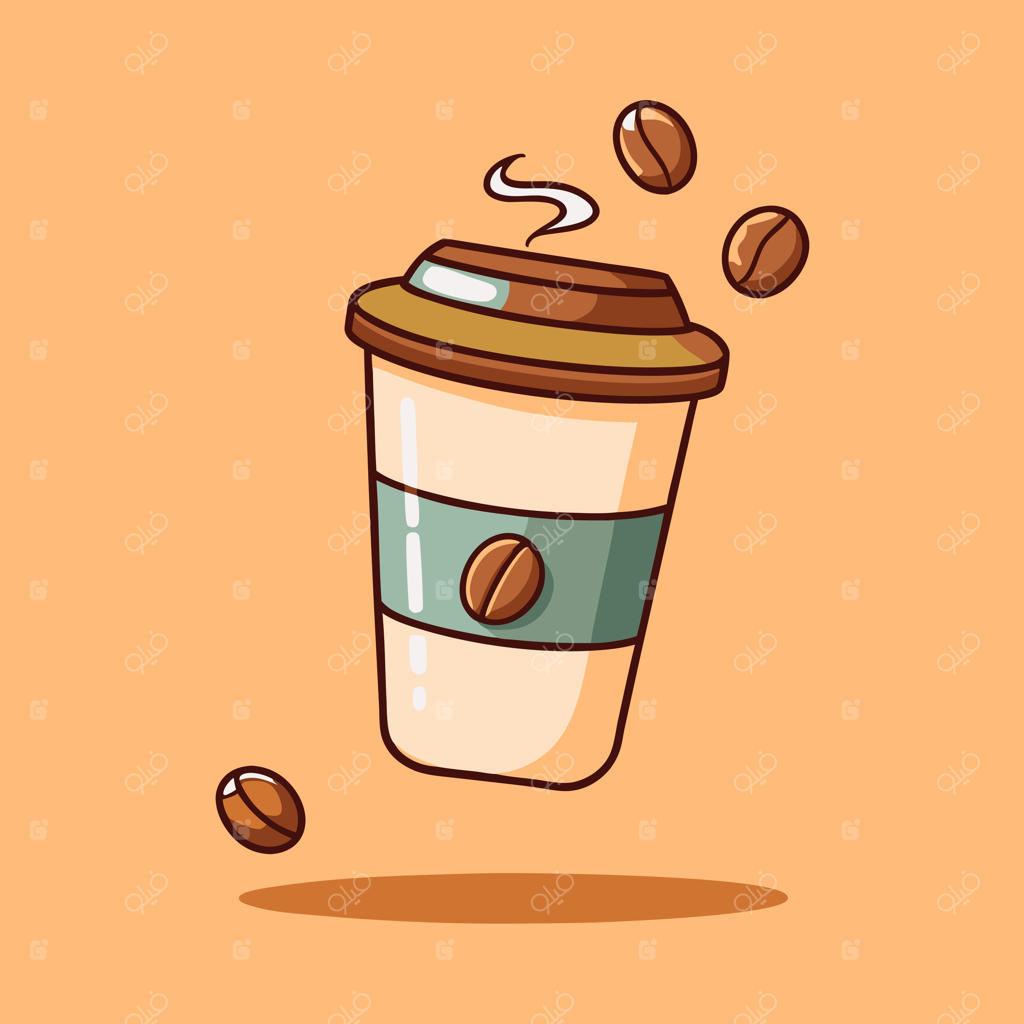 وکتور کارتونی فنجان قهوه معلق و دانه‌های قهوه، طرح مفهومی نوشیدنی