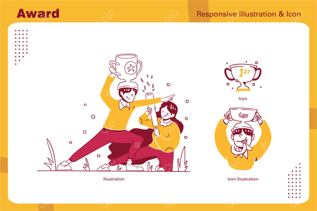 تصویرسازی و آیکون‌های تطبیقی کسب‌وکار و مالی با سبک طراحی دست‌ساز: برنده جایزه، قهرمان، تبریک به مرد و زن با جام قهرمانی