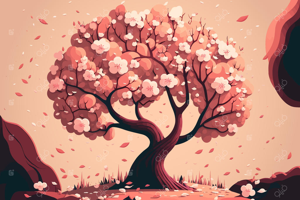 پس‌زمینه درخت شکوفه گیلاس به سبک تخت در تصویرسازی