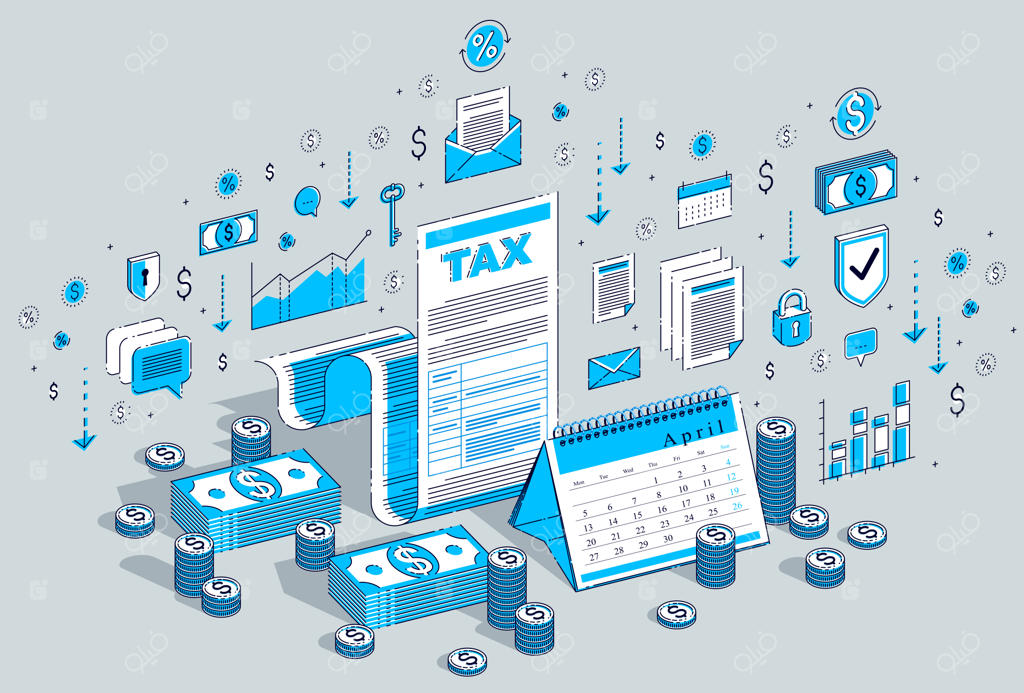 مفهوم مالیات؛ فرم مالیاتی یا سند قانونی به همراه پول نقد و تقویم. برداشتی سه‌بعدی از امور مالی و طراحی با آیکون‌ها، نمودارها و عناصر طراحی.