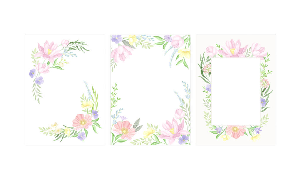 مجموعه‌ای از کارت‌های تبریک یا دعوت شیک با گل‌های وحشی آرام و فضای مناسب برای متن