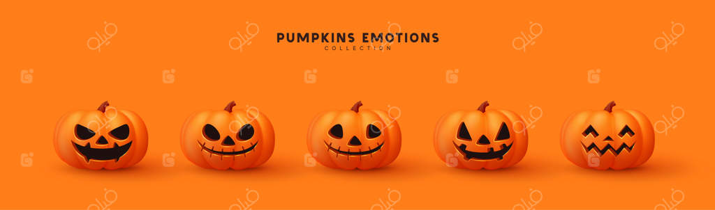 مجموعه کدو تنبل برای جشن هالووین. کدو تنبل‌های سه‌بعدی نارنجی واقعی با لبخندهای ترسناک و جذاب. مجموعه‌ای از اشیاء سه‌بعدی. عناصر طراحی بر روی پس‌زمینه نارنجی. تصویر وکتور