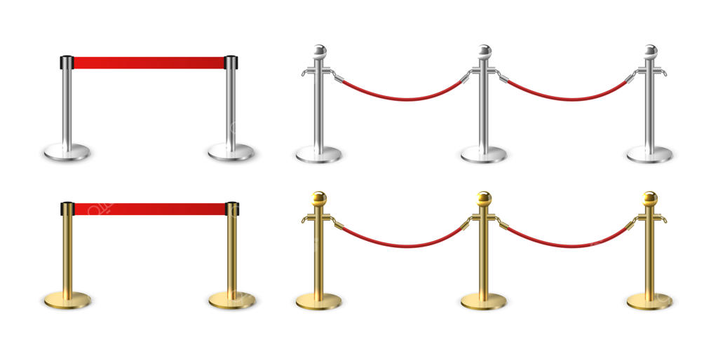 مجموعه تصاویر واقعی مانع فلزی با نوار: پست‌های طلایی و نقره‌ای، بندهای تزیینی (تصویر وکتور)