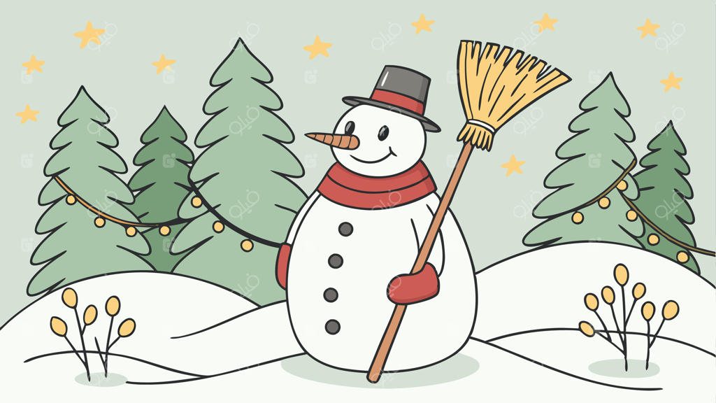 آدم برفی شاد در منظره باغ برای کریسمس ایستاده است