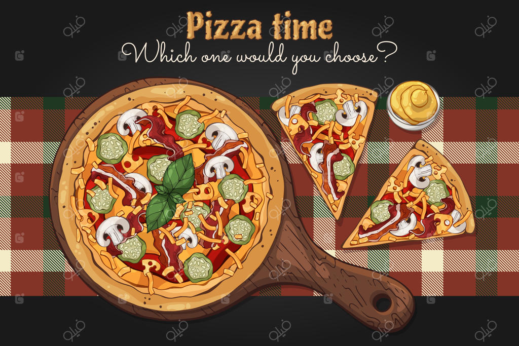 وکتور: پیتزا روی تخته، در تم فست‌فود.