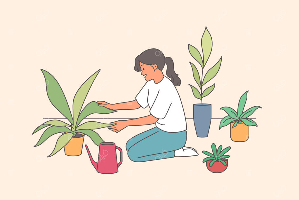 گل‌فروش زن از گیاهان خانگی مراقبت می‌کند و در کنار آب‌پاش با دقت گلبرگ‌ها را در دست می‌گیرد.