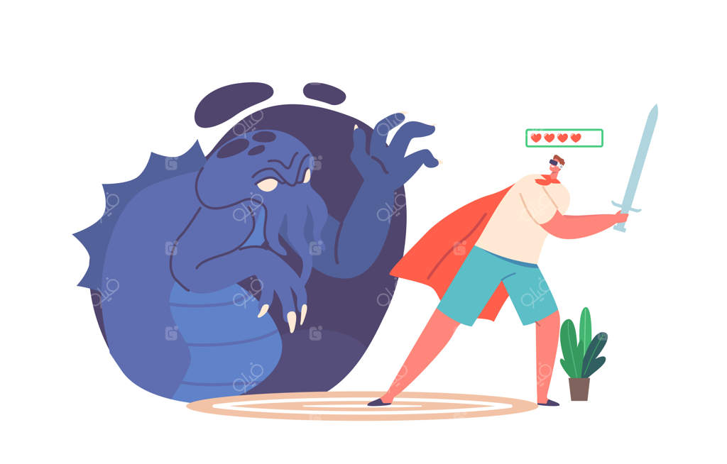 بازی‌های واقعیت مجازی شخصیت مرد با شنل شوالیه و شمشیر در دست در نبرد با هیولای سایبری ترسناک