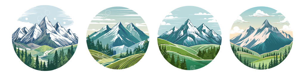 تصویر چشم‌انداز زیبای کوهستانی: قله‌های پوشیده از برف، جنگل‌های سبز با درختان کاج، مرتع‌های سرسبز، آسمان آبی با ابرها، سبک ساده، نمای زیبای آلپ، پس‌زمینه‌ای از طبیعت