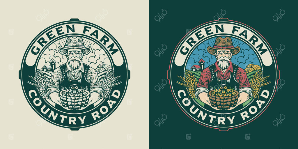 تصویرسازی لوگوی کشاورز و سبزیجات با سبک وینتج برای صنعت کشاورزی