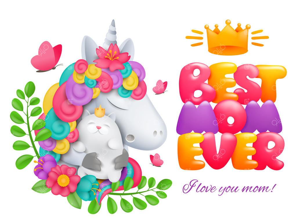 طراحی کارت روز مادر مبارک: بهترین مامان دنیا. شخصیت کارتونی اسب تک‌شاخی که گربه‌ای در آغوش دارد.