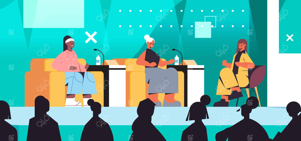 دوستان زن از نژادهای مختلف در حال گفتگو در باشگاه زنان - حمایت از یکدیگر، اتحادی از فمینیست‌ها، ایده‌ای برای یک برنامه تلویزیونی - تصویر افقی، وکتور کامل