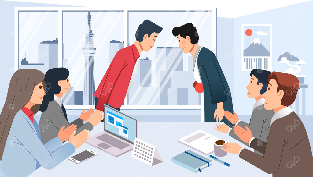 تصویرسازی جلسه همکاری تجاری با ژاپن، گردهمایی افراد در اتاق جلسه و احوال‌پرسی
