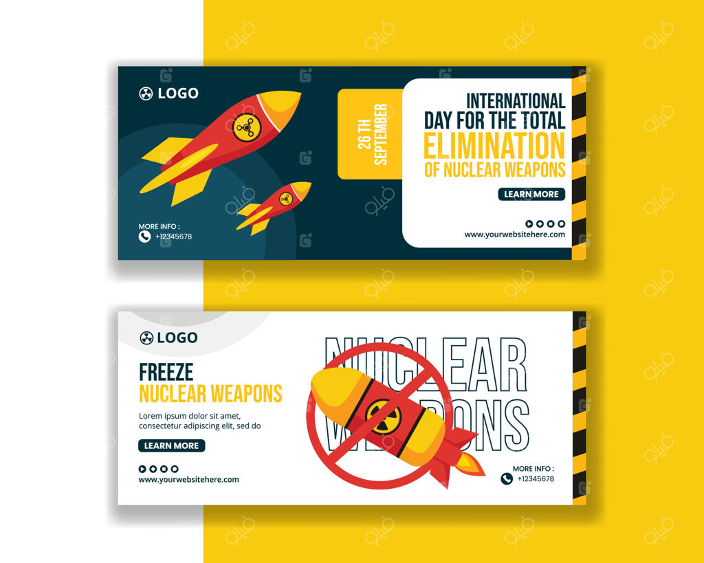 طراحی بنر افقی شبکه‌های اجتماعی برای روز جهانی مبارزه با سلاح‌های هسته‌ای با سبک کارتونی تخت