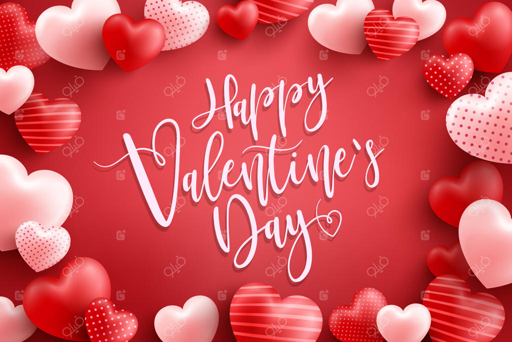 پوستر یا بنر روز ولنتاین با قلب‌های شیرین فراوان بر روی زمینه قرمز. قالب تبلیغاتی برای خرید و روز عشق و ولنتاین