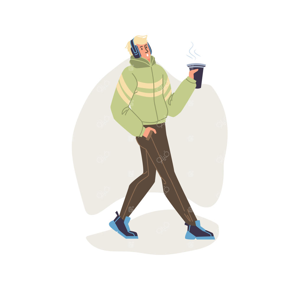 شخصیت کارتونی در حال قدم زدن در پاییز با یک فنجان قهوه در دست