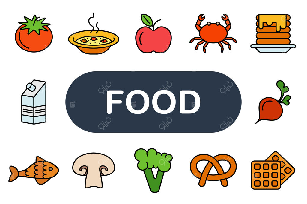 مجموعه آیکون غذا شامل سوپ گوجه‌فرنگی، سیب، خرچنگ، پنکیک، شیر، ماهی، قارچ، کلم بروکلی، پرتزل، وافل و چغندر
