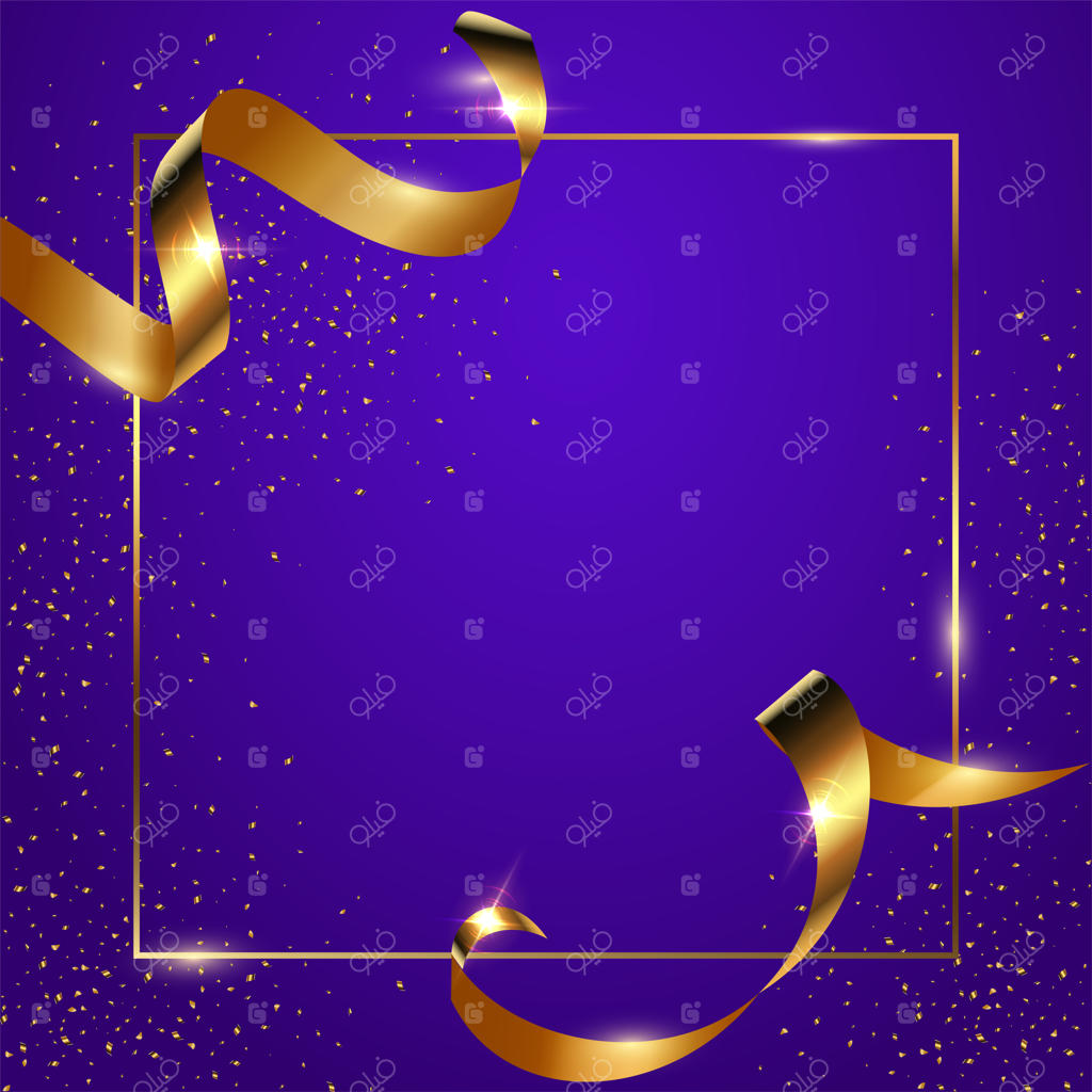 پس‌زمینه آبی گرادیانت با قاب هندسی نازک، روبان‌های طلایی و کاغذپاشی.