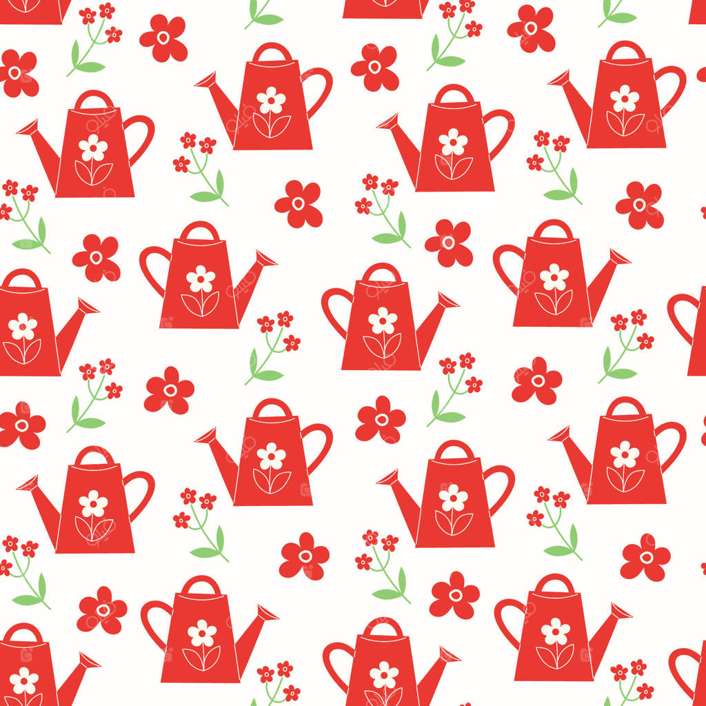 پترن یکپارچه با آبیاری باغ قرمز و گل‌های وحشی کوچک بهاری بر روی زمینه سفید