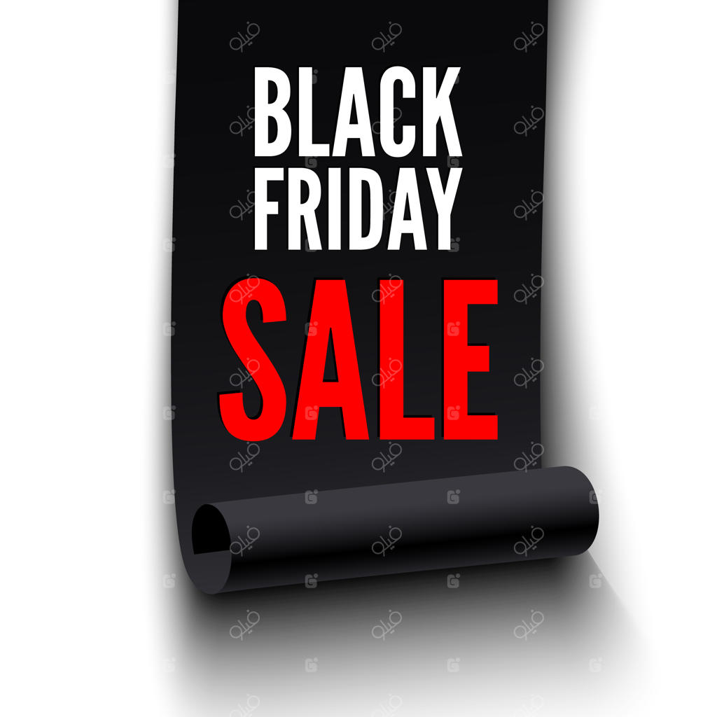 بنر فروش بلک فرایدی: روبان مشکی روی زمینه سفید.