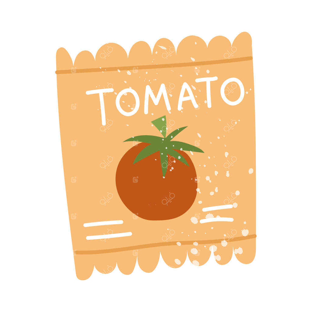 پاکت بذر گوجه فرنگی: طراحی تخت و بافت‌دار. مناسب برای بسته‌بندی، پوسترها، استیکرها، تزئین محصولات باغبانی، وبلاگ‌ها و گل‌فروشی‌ها. بهار، کاشت در خاک. بسته‌بندی بسته.