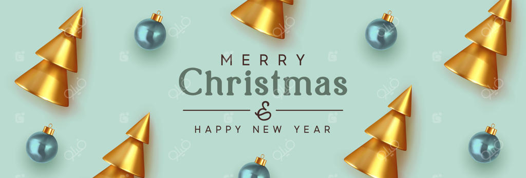بنر کریسمس مبارک و سال نو خوش. پس‌زمینه درخت کریسمس طلایی، اشکال مخروطی فلزی سه‌بعدی، گوی‌های شیشه‌ای آبی. تزئینات پترن تعطیلات کریسمس. طراحی شاد با اشیاء واقعی