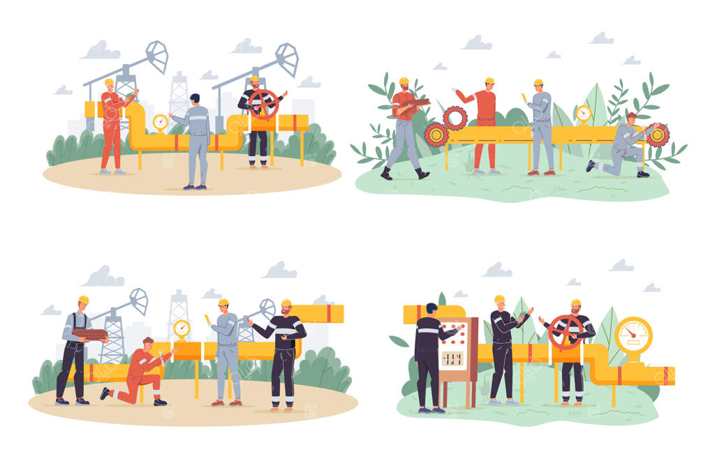شخصیت‌های کارتونی وکتور از کارگران صنعتی در حوزه تولید گاز و نفت: مهندسان و کارگران در حال ساخت خطوط لوله جدید، اکتشاف، استخراج و پالایش نفت و گاز برای تبلیغات وب‌سایت آنلاین