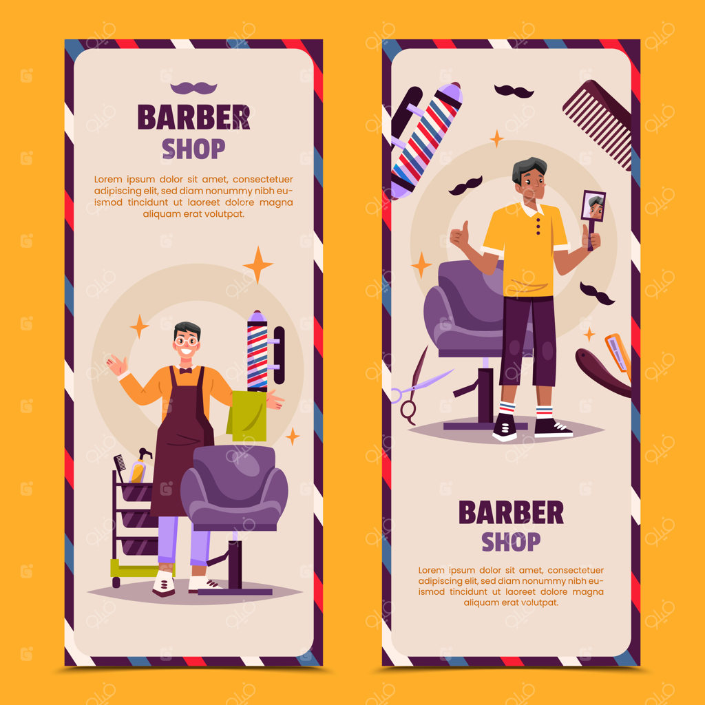 مجموعه بنر آرایشگاه مردانه با طرح کارتونی و دستی