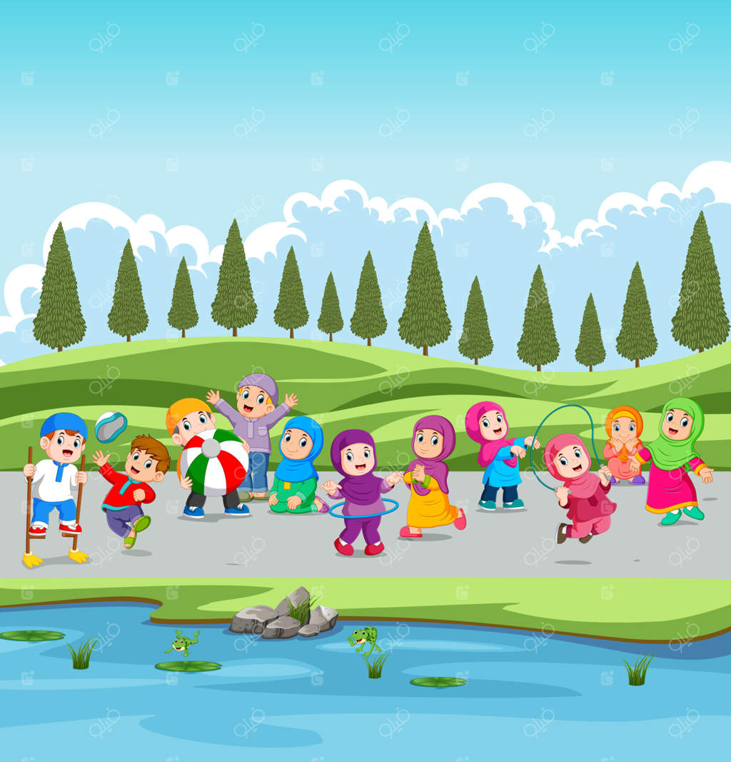 کودکان و والدینشان تعطیلات را در باغی نزدیک رودخانه می‌گذرانند