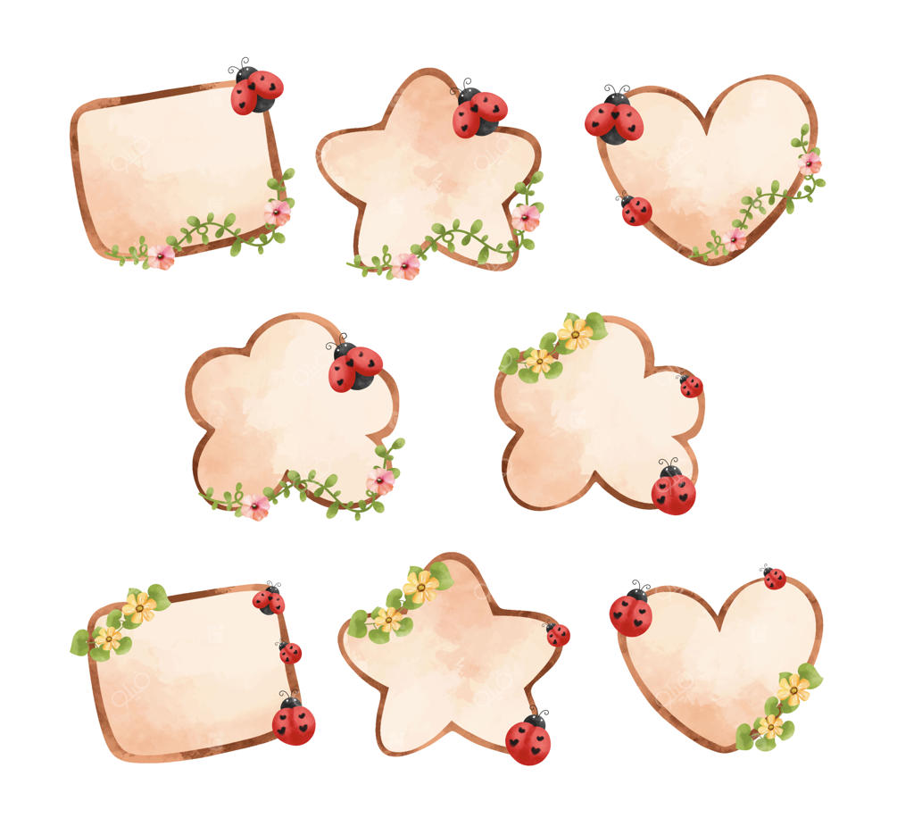 مجموعه تصویرسازی آبرنگی از تخته چوبی با کفشدوزک و گل‌ها