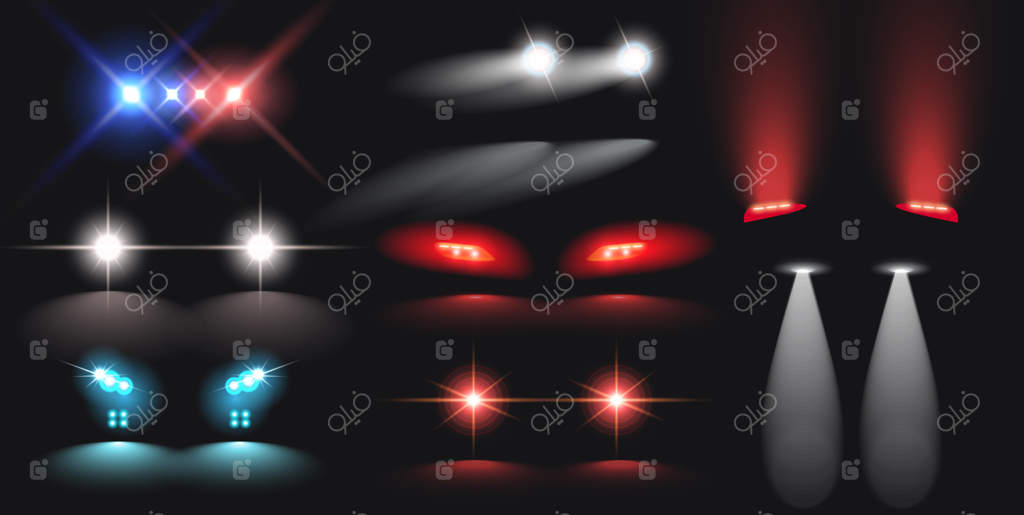 مجموعه‌ای از چراغ‌های ماشین در تاریکی - تصویرسازی وکتوری با زمینه مشکی