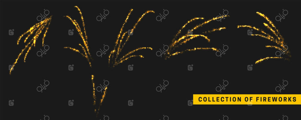 ترجمه فارسی:  
آتش‌بازی طلایی و جشن‌واره‌ای: جلوه نور طلایی بر پس‌زمینه سیاه. طراحی واقع‌گرایانه. تصویر وکتور.