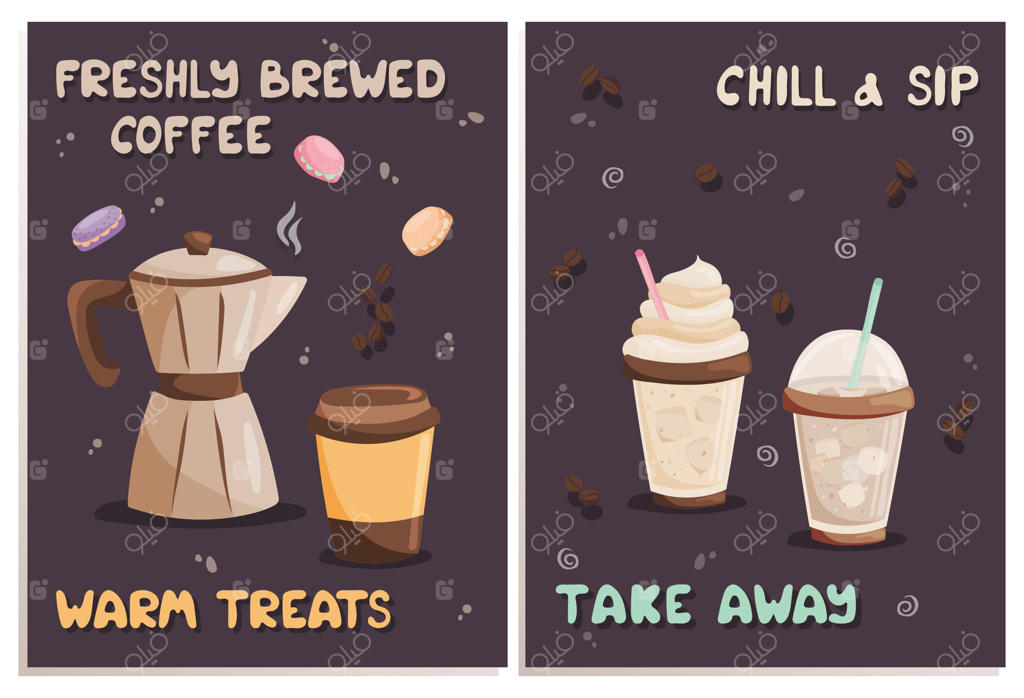 بروشور قهوه با نوشیدنی‌ها و دستگاه‌ دم‌آوری بیرون‌بر