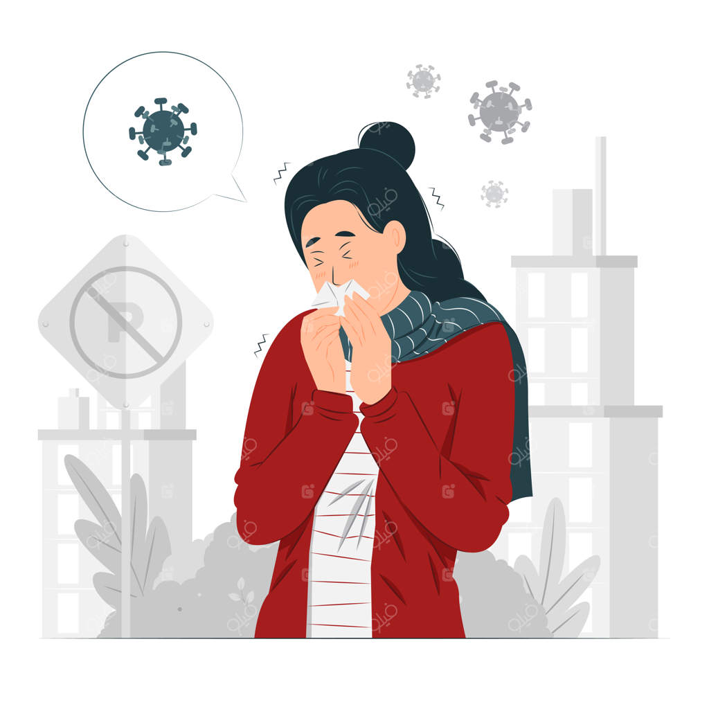 زن در حال عطسه با ویروسی در اطرافش
