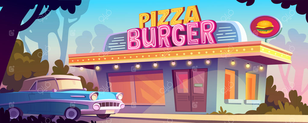 منظره شهری با بنر پیتزا کافه برای طراحی بازی. نمای شهری با ساختمان قدیمی کافه‌تریا، ماشین آبی کلاسیک، درختان سبز. تصویرسازی کارتونی