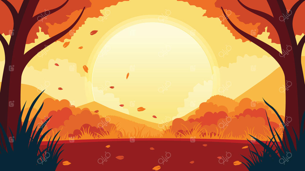 غروب طلایی در جنگل پاییزی با برگ‌های ریخته