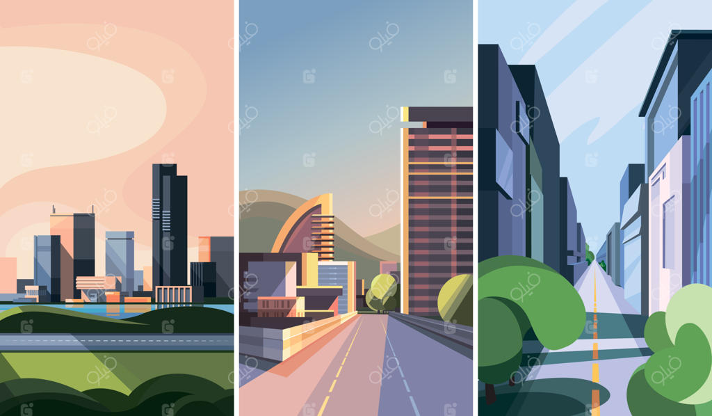 مجموعه‌ای از مناظر شهری: چشم‌اندازهای شهری با ساختمان‌های مدرن.