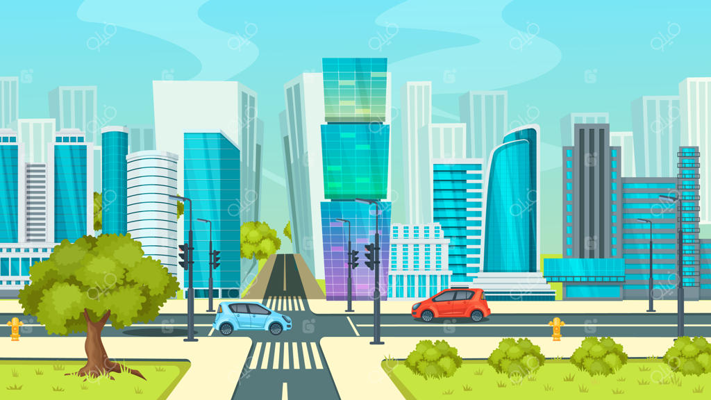 خیابان شهری با تقاطع‌ها، محله‌ای با خیابان‌های نیمه‌مرکزی و ساختمان‌های کوتاه در مرکز شهر