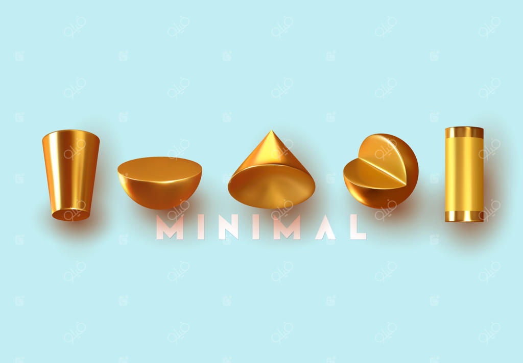 پس‌زمینه‌ای انتزاعی و مینیمال با اشکال هندسی سه‌بعدی و براق اجسام فلزی. طراحی مدرن و خلاقانه پوستر. تصویرسازی وکتور