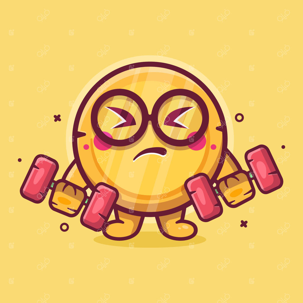 شخصیت کارتونی سکه خنده‌دار در حال بدنسازی با دمبل به سبک طراحی فلت