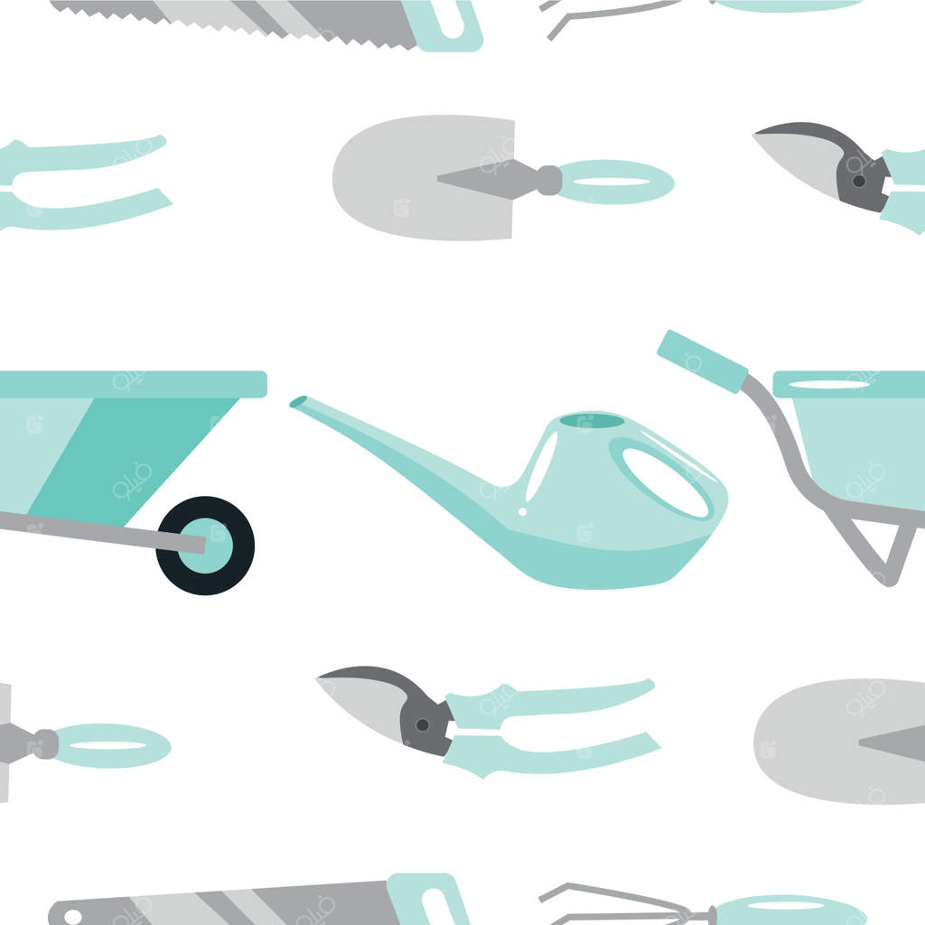 پترن یکپارچه با ابزارهای باغبانی مختلف شامل بیل‌ها، چنگک‌ها و قیچی‌ها به رنگ آبی روی زمینه سفید، مناسب برای بسته‌بندی یا پارچه