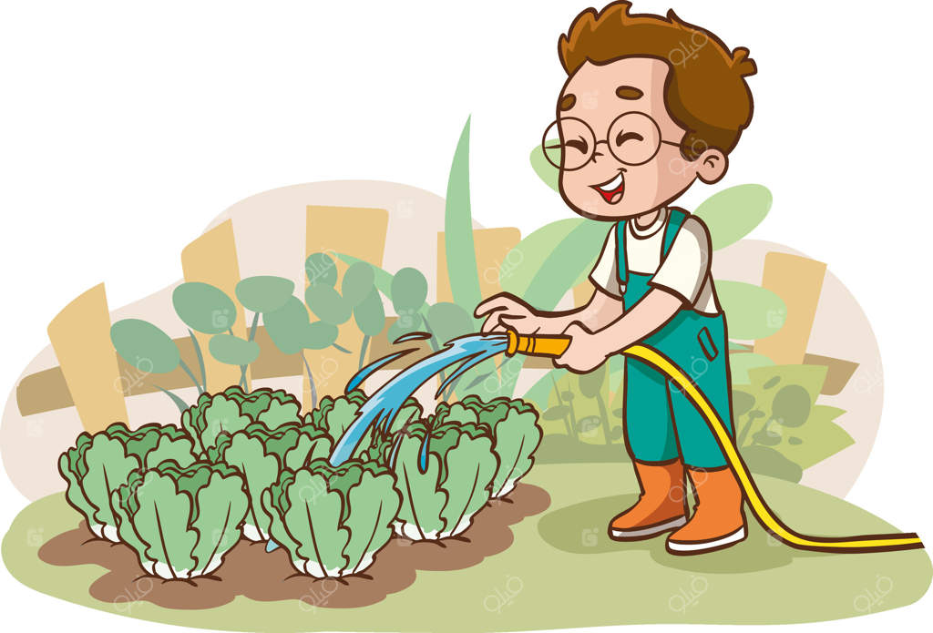 تصویری از کودکی بامزه که در باغچه‌اش گیاهان را آب می‌دهد