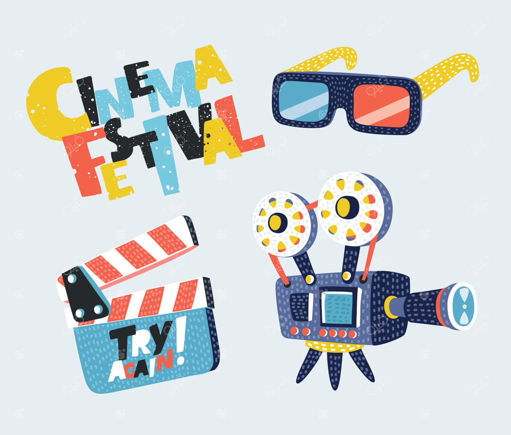نمادهای سینمایی: بلندگو، حلقه فیلم، دوربین، بلیط، کلاکت و فست‌فود.
