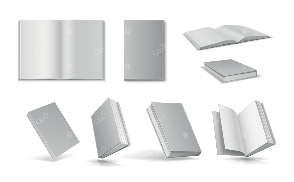 مدل‌های واقعی کتاب‌های باز و بسته سفید با جلد خالی. قالب دفترچه سه‌بعدی با جلد سخت از نمای بالا. مجموعه کتاب‌های بدون متن شناور به صورت وکتور