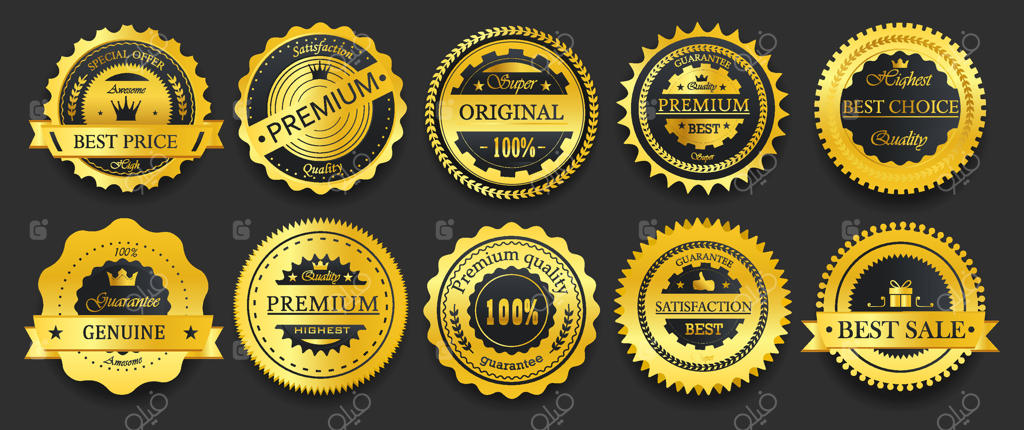 نشان‌های باکیفیت طلایی: امبلم‌های لوکس به سبک رترو. تزئینات نشان‌های تضمین‌شده و اصیل.