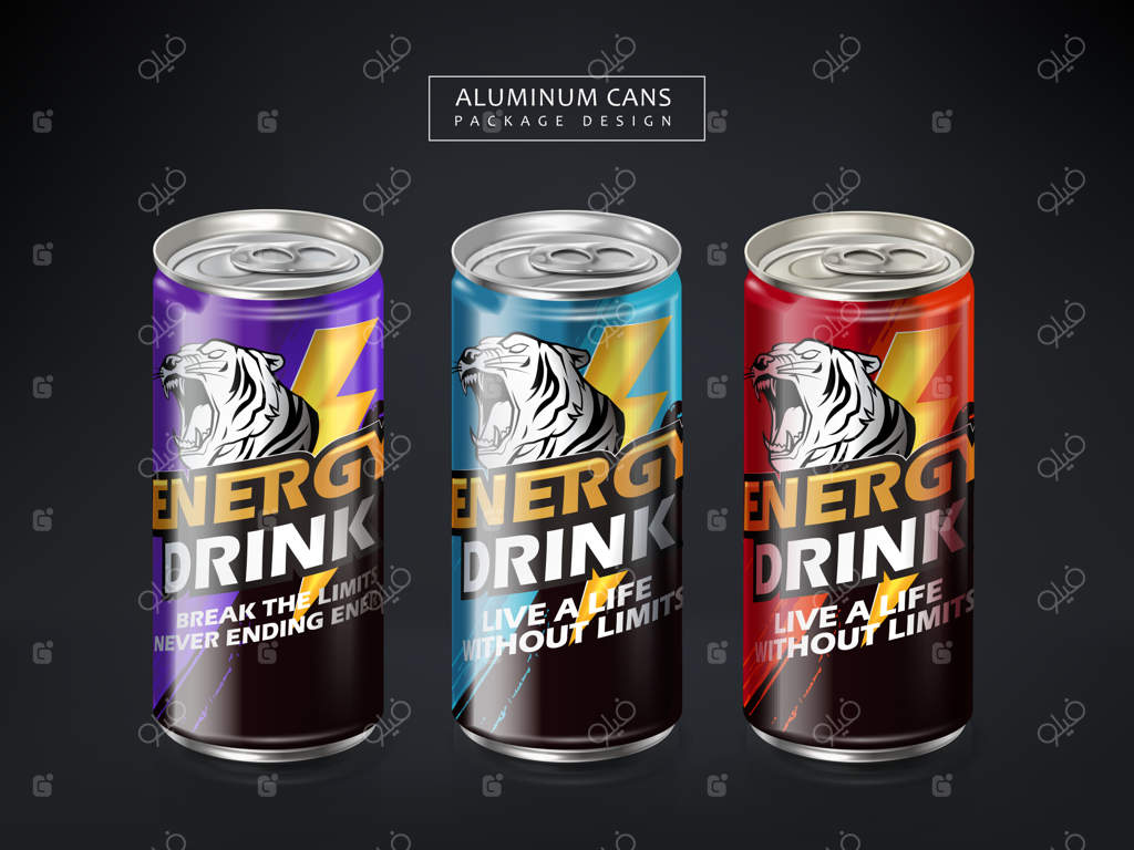 قوطی نوشیدنی انرژی زا با طراحی متالیک و زمینه خاکستری تیره