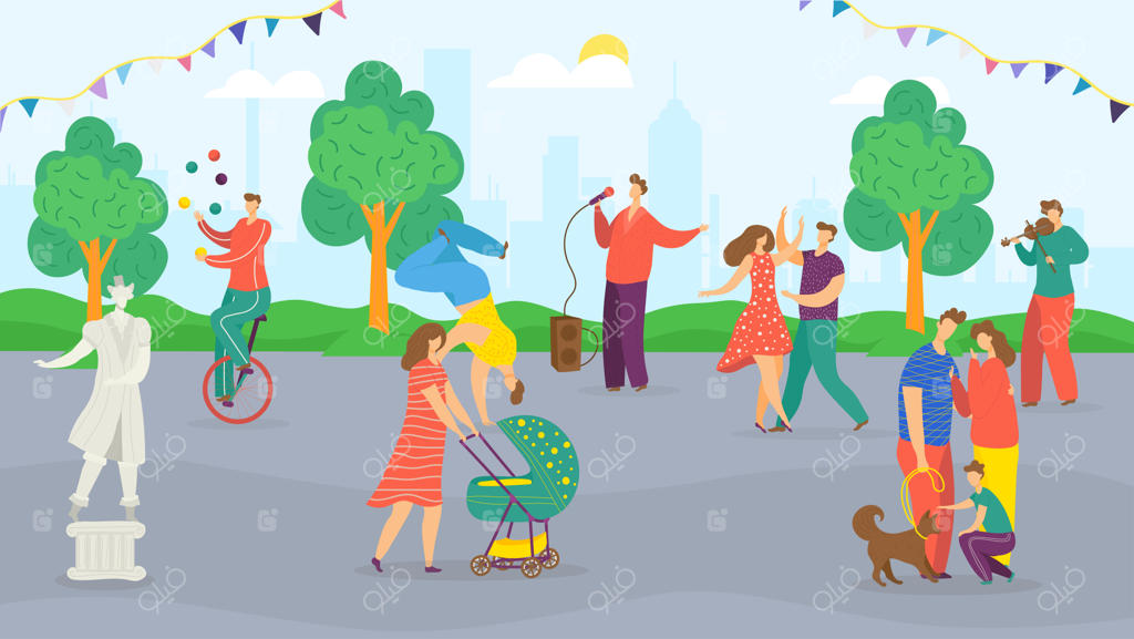 جشنواره خیابانی شهر، جشن تابستانی، نمایشگاه پارک خانوادگی همراه با موسیقی‌دانان، دلقک‌ها و تزئینات، تصویر مردم شاد در حال راه‌رفتن و رقصیدن. شهر جشنواره‌ای با نمایش کارناوال.